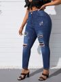 Women'S Plus Size Distressed Plaid Patchwork Jeans
