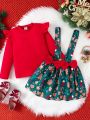 Young Girl Christmas Print Bow Front Suspender Skirt & Ruffle Trim Tee