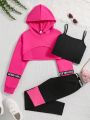 Teen Girls' Casual Street Style Hooded Sweatshirt And Pants Set With Lettered Woven Band, Solid Camisole Top