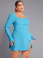 SHEIN SXY Plus Size Solid Color Square Neck High Slit Hem Maxi Dress