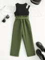 SHEIN Kids EVRYDAY Little Girls' Hollow Out Shoulder Tank Top And High Waisted Belted Pants Two Piece Set