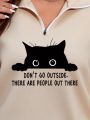 Plus Size Women's Cartoon Cat Pattern Half Zip Hoodie With Pocket