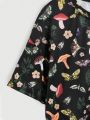 ROMWE Fairycore Plus Size Women's Mushroom & Butterfly Printed T-shirt