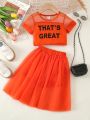 SHEIN Kids EVRYDAY Toddler Girls' Casual Orange Letter Printed Sheer Sleeve T-Shirt And Mesh Skirt 2pcs/Set