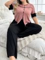 Women'S Plus Size Contrast Color Button Detail Top And Solid Wide-Leg Pants Pajama Set