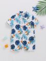 SHEIN Baby Boy'S Casual Leaf Pattern Lapel Short Romper For Summer Vacation