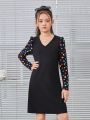 SHEIN Girls' Vintage Simple Street Style V-Neck Long Sleeve Dress With Heart Print