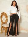 SHEIN SXY Women's Metal Buckle Decor Open Front Pants