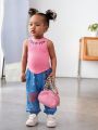 SHEIN Baby Girls' Casual Knit Alphabet Print Tank Top And Elastic Waist Pants Set With Face Pattern