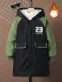 SHEIN Kids EVRYDAY Boys' Hooded Coat With Slogan Print And Fleece Lining