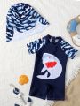 Baby Boy Cartoon Shark Zip Front One Piece Swimsuit With Swim Cap