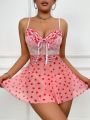 Women's Sexy Mesh Lingerie Dress With Heart Pattern Print And Thong Underwear