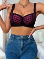 Houndstooth Print Lace Trim Underwire Bra