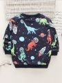 SHEIN Kids QTFun Toddler Boy Casual Dinosaur & Satellite Pattern Printed Long Sleeve Sweatshirt For Autumn