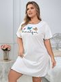 Plus Size Women's Butterfly & Letter Print Short Sleeve Nightgown