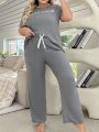 Plus Size Short Sleeve Text Pattern Casual Home Sleepwear Set