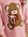 SHEIN Toddler Girls' Long Sleeve Turtleneck Casual Knitted Sweater Dress With Bear Pattern