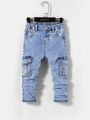 SHEIN Toddler Boys' Elastic Waist Workwear Pocket Denim Pants