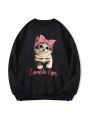 Plus Cat & Slogan Graphic Sweatshirt