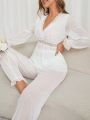 Ladies' Lace Panel Long Sleeve Top And Pants Pajama Set