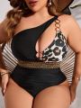 SHEIN Swim Vcay Plus Size One Shoulder Round Ring Decor Cut Out Detail Swimsuit