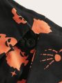 Plus Halloween Print Lantern Sleeve Belted Dress