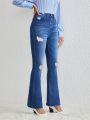 SHEIN LUNE High Stretch Vintage Distressed Women'S Flare Jeans With Washed Effect