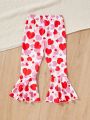 SHEIN Kids QTFun Girls' Knitted Love Heart Pattern Casual Flare Pants