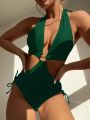 SHEIN Swim BAE Ladies' One-piece Halter Neck Green Swimsuit