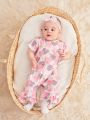 SHEIN Baby Girls' Casual Cute Heart & Leopard Print Jumpsuit For Daily Wear And Home