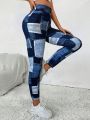 SHEIN Essnce Faux Denim Patchwork Printed Leggings