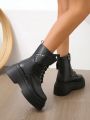 Women's Platform Wedge Heel Motorcycle Boots With Zipper And Lace-up Design, Black, Autumn And Winter New Arrival