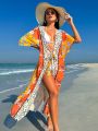 SHEIN Swim Vcay Women's Loose Fit Kimono Cardigan With Full-Print And Waist Belt For Casual Wear