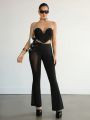 SHEIN ICON Mesh Paneling Belted Flared Pants