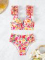 SHEIN Swim Chicsea Ladies' Floral Print Swimsuit Set With Frill Hem