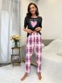 Love Heart Plaid Print Short Sleeve Long Pants Pajama Set