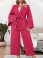 SHEIN Privé Plus Split Sleeve Belted Blazer & Wide Leg Pants