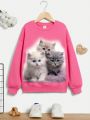 Tween Girls' Casual Cat Pattern Long Sleeve Round Neck Sweatshirt Suitable For Autumn And Winter