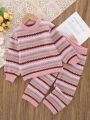 SHEIN Kids CHARMNG Little Girls' Striped Drop Shoulder Sweater And Sweater Pants Set