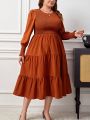 SHEIN Privé Plus Size Shirred Solid Color Puff Sleeve Dress