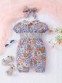 Baby Girl's Elegant And Romantic Floral Print Lace Romper With Doll Collar, Bubble Sleeves, Seven-Point Pants And Bowknot Headband For Spring And Summer