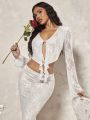 SHEIN BAE Romantic Sweetheart Date Day White Lace Blouse With Ruffle Trim,Flare Sleeve And Tie Detail