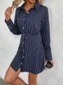 SHEIN LUNE Striped Buttoned Casual Long Sleeve Dress
