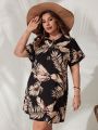 SHEIN VCAY Plus Size Ladies' Batwing Sleeve Dress With Plant Print