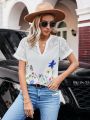 SHEIN LUNE Embroidered Short Sleeve Blouse With Notched Collar