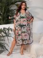 SHEIN Swim Vcay Plus Size Random Floral Print Batwing Sleeve Cover Up