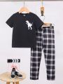 Boys' Casual Sports Dinosaur Print Round Neck Short-sleeved And Plaid Trousers Suit Spring And Summer