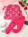 SHEIN Kids Nujoom Little Girls' Cute Casual Teddy Bear Print Sweatshirt And Pants Set For Spring And Autumn