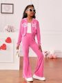 SHEIN Kids Cooltwn Tween Girls Casual Velvet Knit Hooded Coat Set With Text Pattern, Streetwear Style