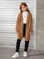 SHEIN Tween Girl Drop Shoulder Drawstring Waist Hooded Cardigan